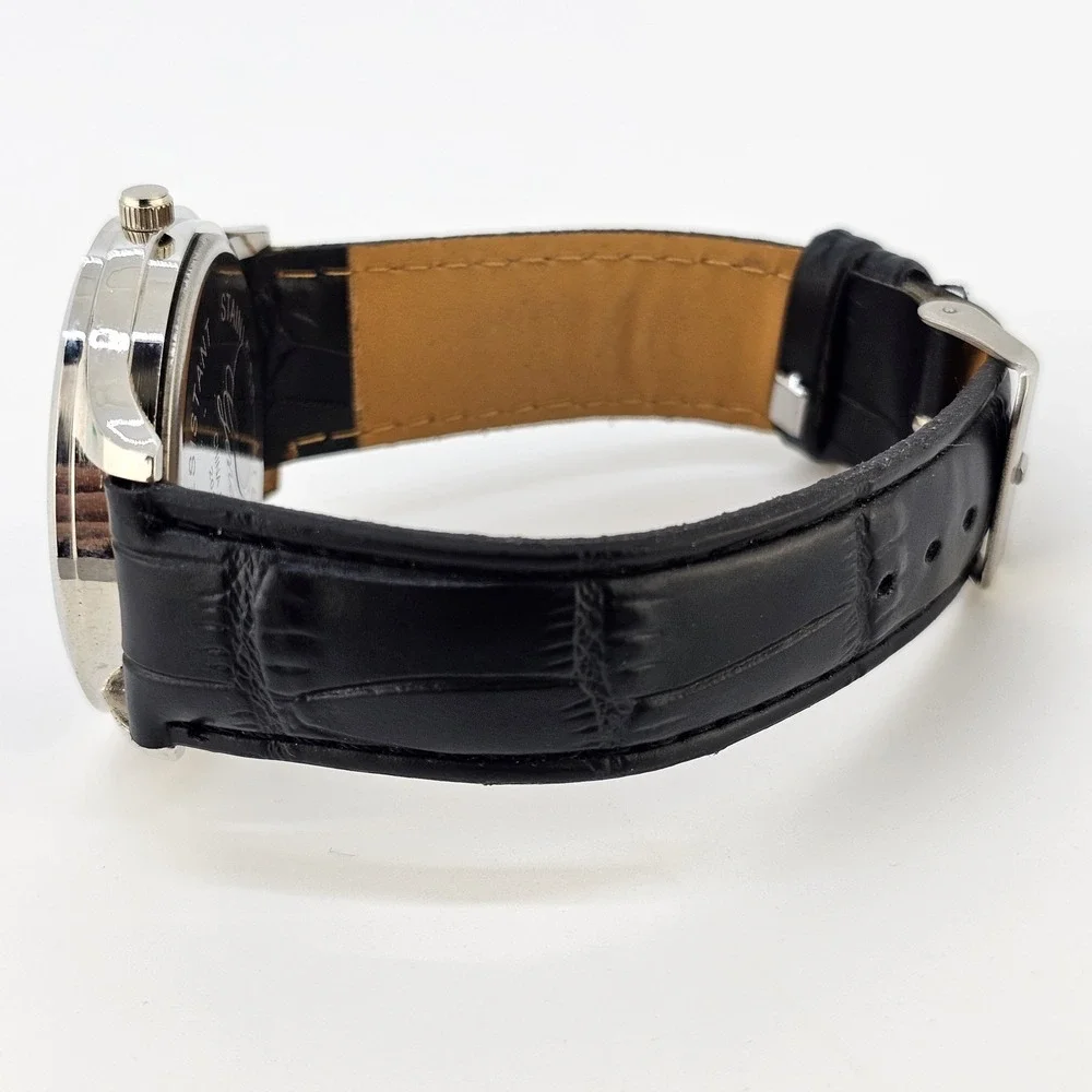 Men Easy Read Watch Analog 40MM Black Dial Black‎ Faux Leather Bands New Battery